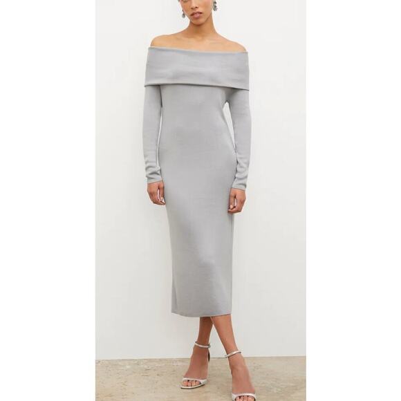 M.M. LaFleur Lalita 1.0 Dress Silk Jersey Off Shoulder Midi Light Gray NWT  XS - Picture 1 of 11